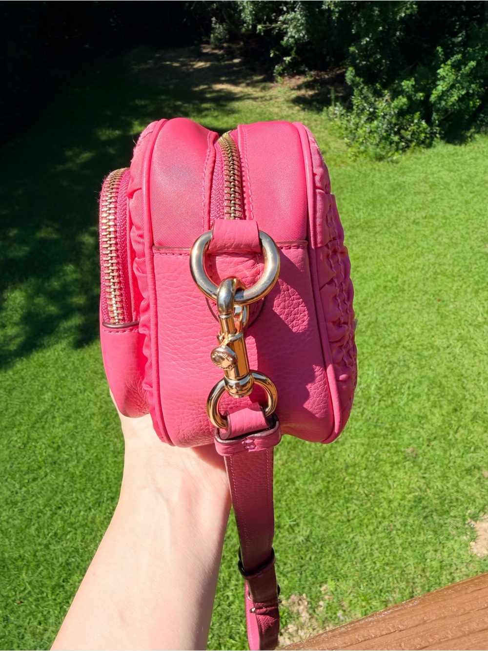 Coach Court Crossbody Hot Pink Ruched Double Zip Leather Nylon Gold Hardware - Picture 9 of 15